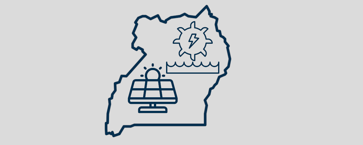 Das Bild zeigt den Umriss von Uganda mit Symbolen für Solar- und Wasserkraft.