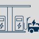 Das Bild zeigt eine schematische Darstellung: In der Mittel ist eine E-Tankstelle mit zwei Ladesäulen, links ein E-Auto, rechts ein E-Van und ein E-Laster.