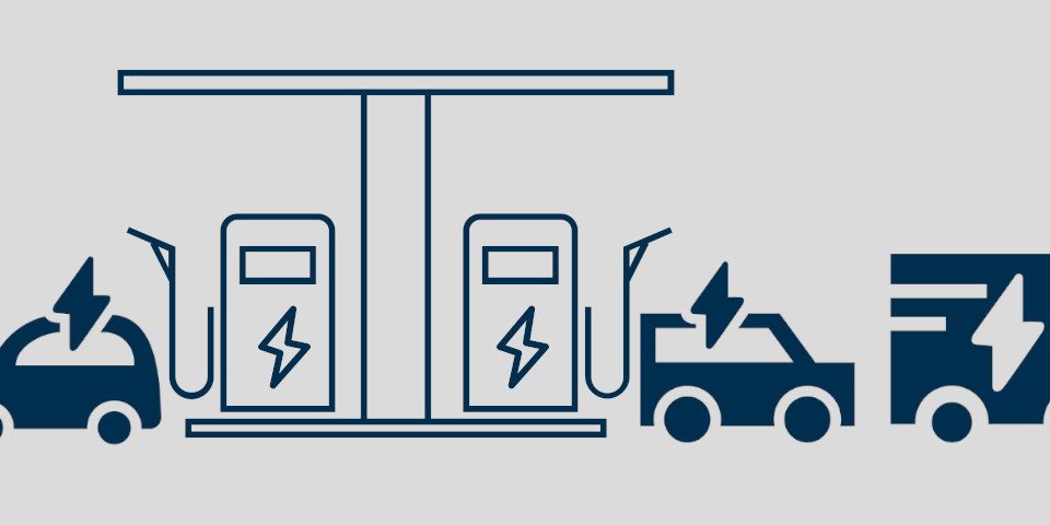 Das Bild zeigt eine schematische Darstellung: In der Mittel ist eine E-Tankstelle mit zwei Ladesäulen, links ein E-Auto, rechts ein E-Van und ein E-Laster.