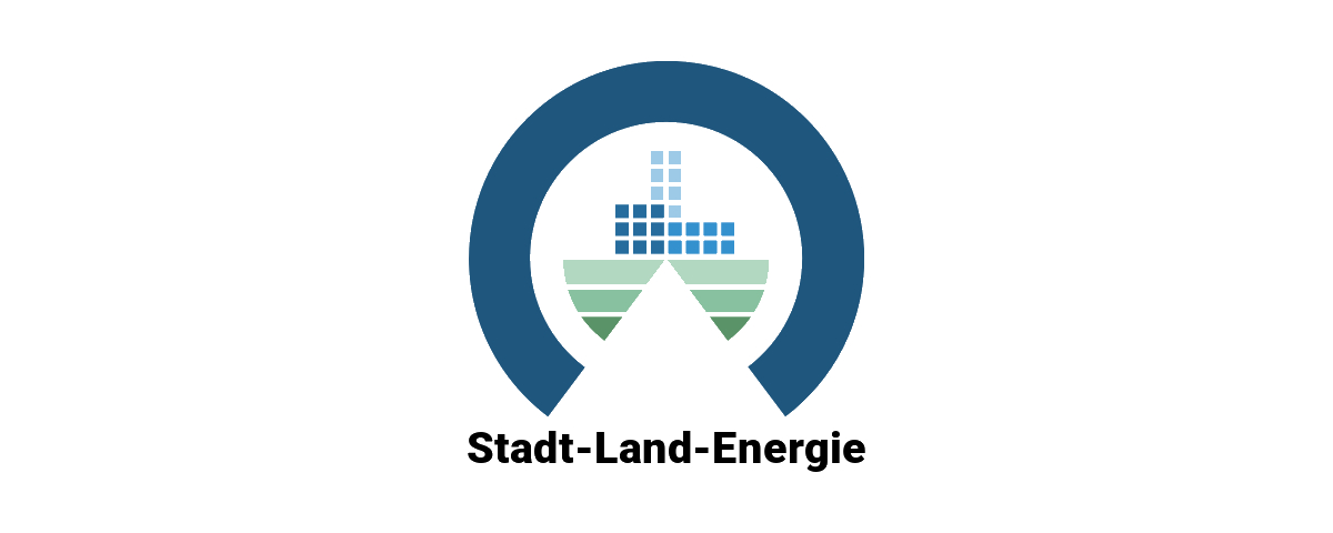 Das Bild zeigt das Logo des Projekts Stadt-Land-Energie, ein unten geöffneten Kreis und in der Mitte ein Symbold für Stadt und Land
