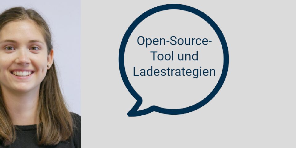 Das Bild zeigt ein Porträt von Wiebke Labudde und dir Worte "Open-Source-Tool und Ladestrategien" in einer Sprechblase