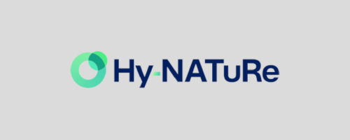 Das Bild zeigt das Logo des HyNATuRe-Projekts: den Schriftzug mit dem Wort HyNATuRe und links davon einen grünen Kringel und einen grünen Kreis, die einaner überlappen.