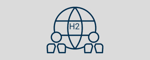 Das Bild zeigt eine schematische Weltkugel, in der das Wort H2 steht. Vor der Weltkugel sind links und rechts jeweils schematisierte Menschen.