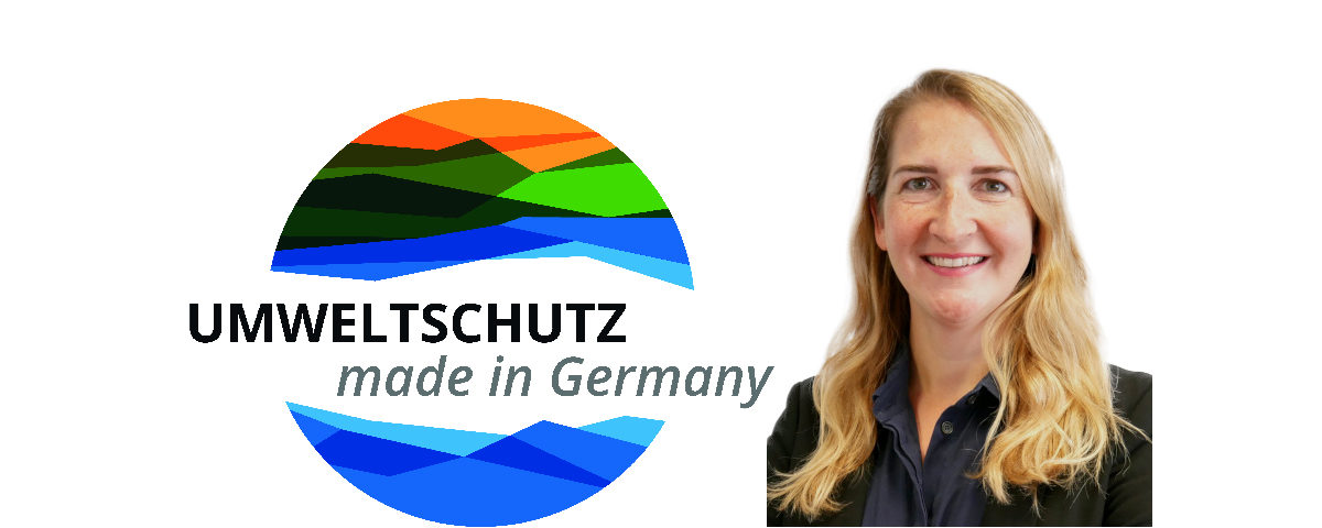 Das Bild zeigt das Logo der Exportinitiative Umweltschutz: Den Schriftzug "Umweltschutz made in Germany" in einem Kreis, der eine Landschaft darstellt (unten blau, oben bergig und grün. Daneben befindet sich ein Porträt von Kathrin Goldammer.