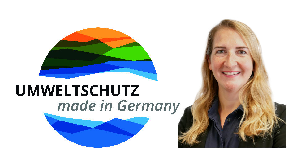 Das Bild zeigt das Logo der Exportinitiative Umweltschutz: Den Schriftzug "Umweltschutz made in Germany" in einem Kreis, der eine Landschaft darstellt (unten blau, oben bergig und grün. Daneben befindet sich ein Porträt von Kathrin Goldammer.