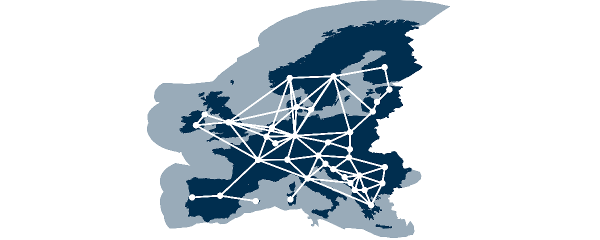 Das Bild zeigt eine Europakarte in blau, auf der Pukte in verschiedenen Ländern durch weiße Linien miteinander verbunden sind.