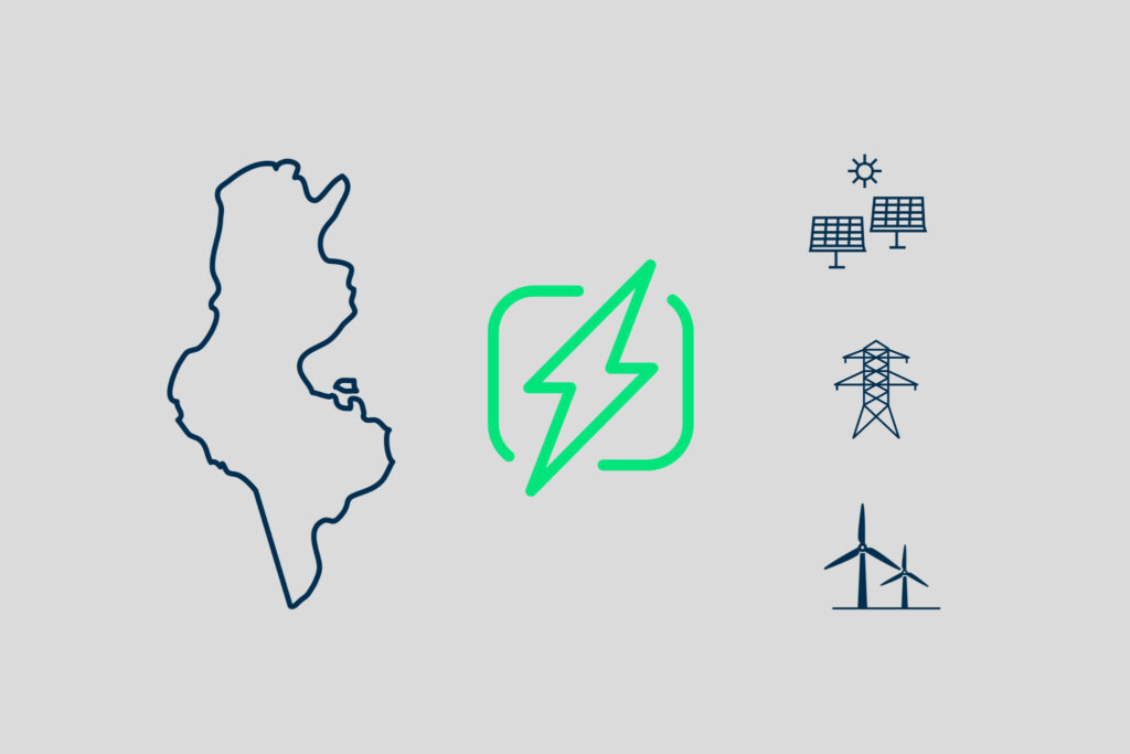 Das Bild Zeigt den Umriss des Landes Tunesien sowie Symbole für Energieerzeugungsanlagen und Transportsystemen