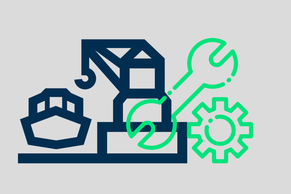 Das Bild zeigt eine schematische Darstellung eines Hafens, ein kleines Schiff, das vor einem Kran liegt. Daneben ist ein Schraubenschlüsselsymbol und ein Zahnrad.