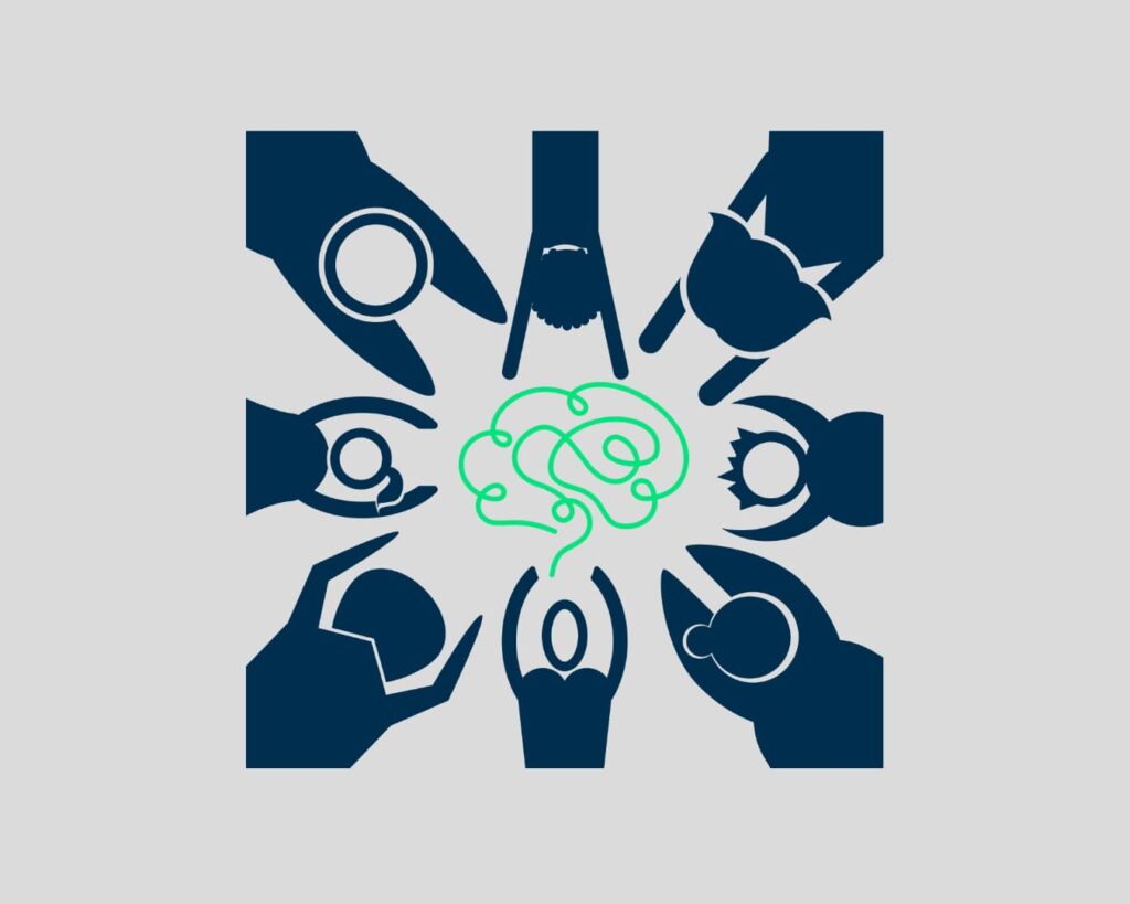 Das Bild zeigt eine schematische Darstellung von Personen, die die Hände hoch strecken und damit einen Kreis bilden. Alle Personen sehen unterschiedlich aus. In der Mitte des Kreises ist ein Gehirn.
